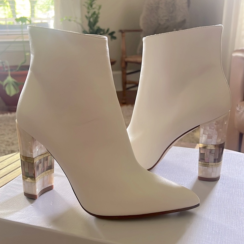 White unique ankle boot, mother of pearl.Freya Rose's original limited-edition